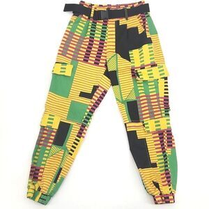 Retro 90s V.I.P. Cargo Jogger Pants Elastic Waist Cuffs Yellow Rasta Womens 3/4